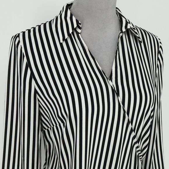 Talbots Top Small Womens Black White Stripe Blouse Side Zip Faux Wrap Pullover - Picture 7 of 13